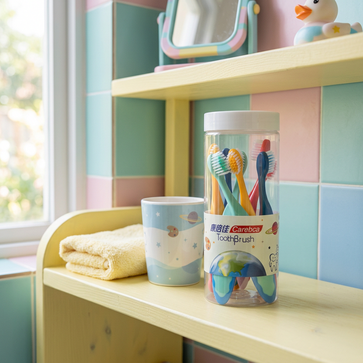 Soft kids’ toothbrushes — in a pastel-coloured children's bathroom