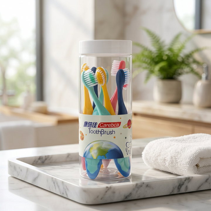 Soft kids’ toothbrushes — on a white marble tray in a bright bathroom