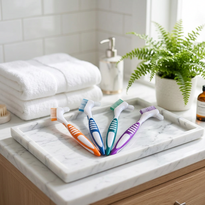 Cleaning brush for aligners and retainers — on a white marble tray in a bright bathroom