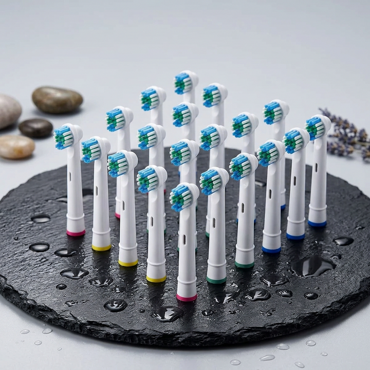 Oral-B compatible brush heads — on a wet black slate with pebbles and lavender