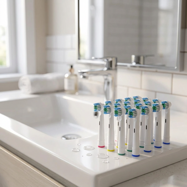 Oral-B compatible brush heads — on the edge of a white washbasin, morning light