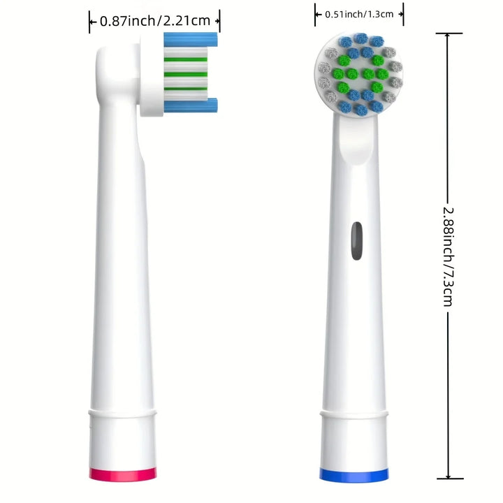 Oral-B compatible brush head in side and front view with its dimensions: 7.3 cm long, 1.3 cm head