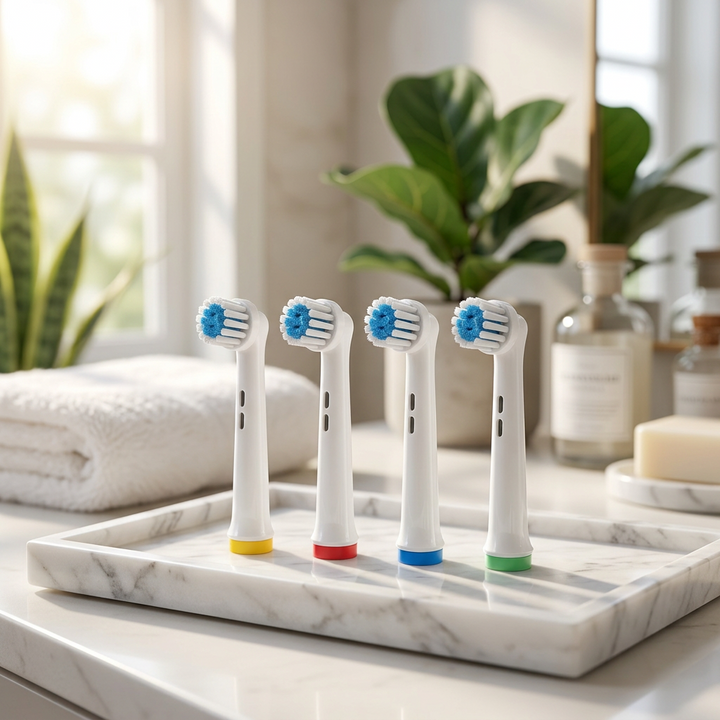 Cabezales suaves compatibles Oral-B — sobre una bandeja de mármol blanco en un baño luminoso
