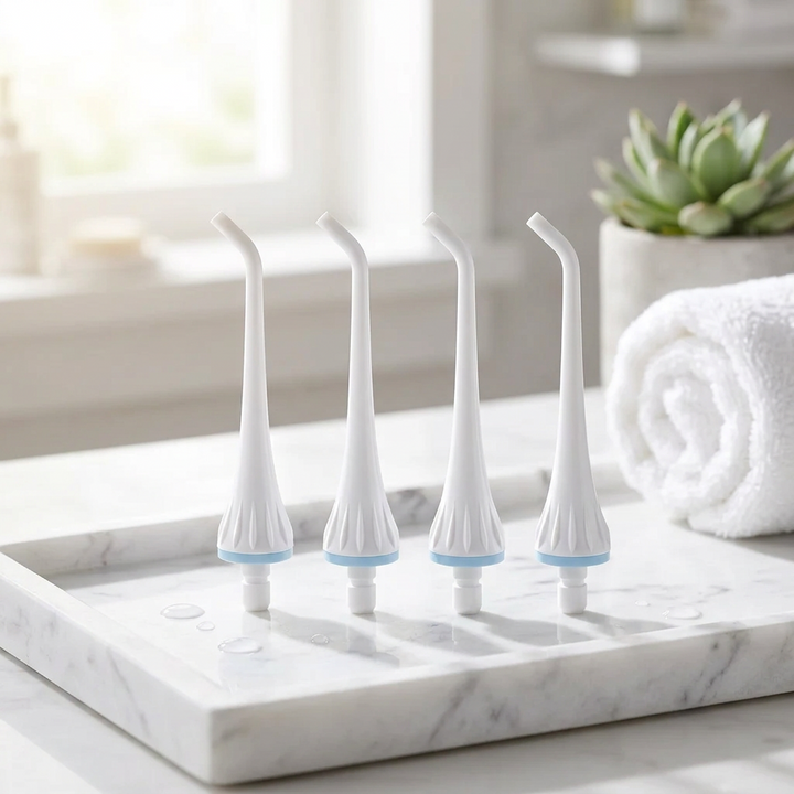 Beccucci compatibili Fairywill 5020E — su un vassoio di marmo bianco in un bagno luminoso