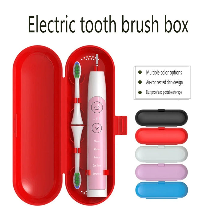 Offenes Etui mit einer elektrischen Zahnbürste und zwei verstauten Köpfen, neben den vom Verkäufer gezeigten Farben (nur Weiß und Rosa erhältlich)