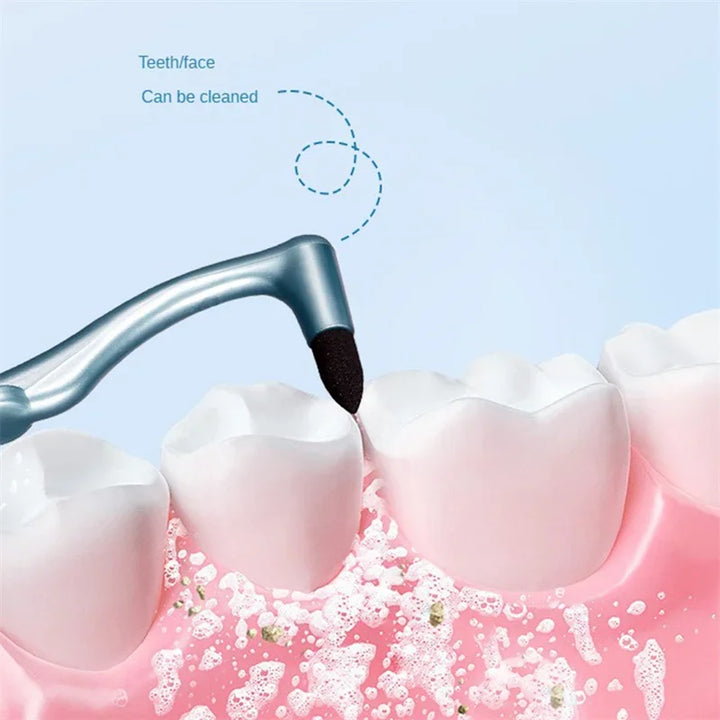 Embout de la gomme contre une dent, sur un modèle de dentition