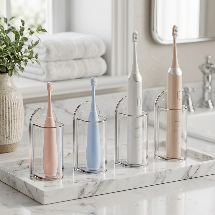 Wall holder for electric toothbrush — on a white marble tray in a bright bathroom