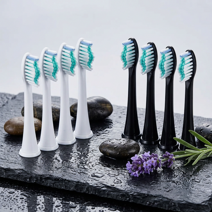 Testine compatibili Sonicare tipo DiamondClean — su ardesia nera bagnata con ciottoli e lavanda