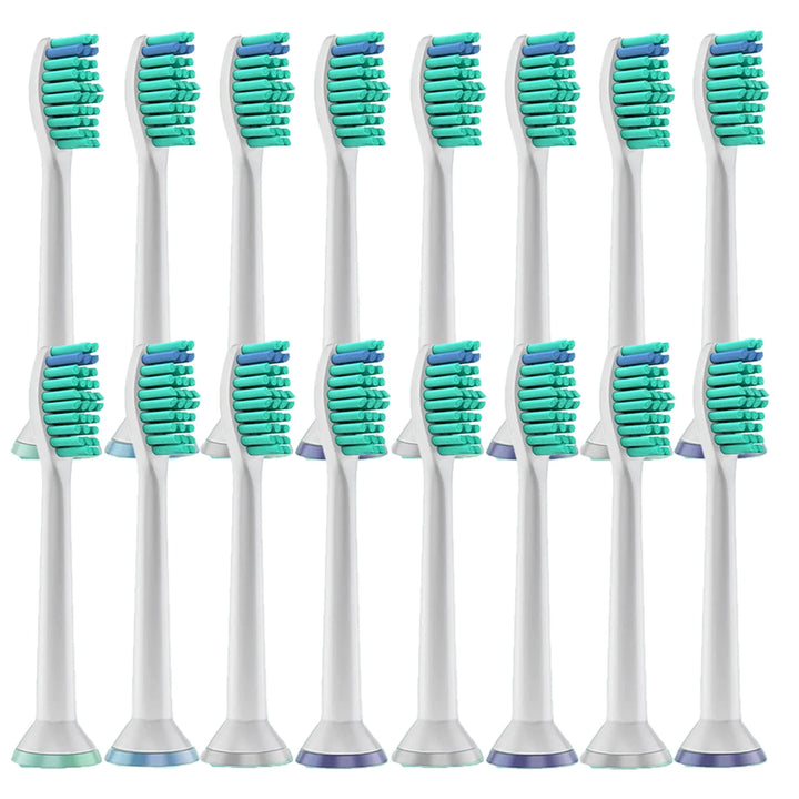 Sedici testine bianche compatibili Philips Sonicare, setole verdi e una fila blu, anelli colorati alla base
