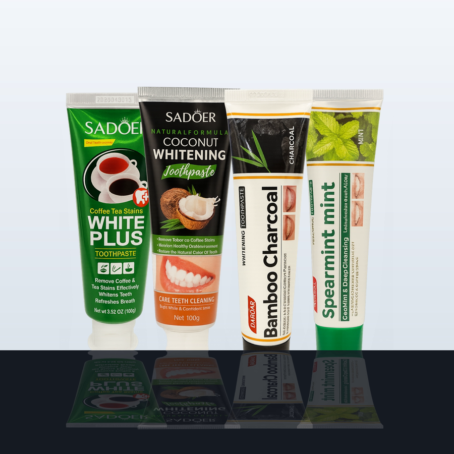 Pack Rituel Matin & Soir ÉclatDent : quatre tubes de dentifrice SADOER alignés sur fond studio