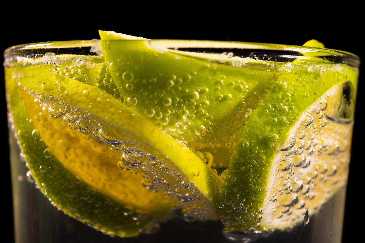 Tranches de citron et de citron vert dans un verre de soda pétillant plein de bulles