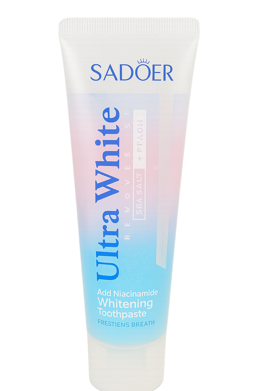 Dentifrice SADOER Pêche & Sel Marin Multi-Action, tube au goût pêche posé sur fond clair