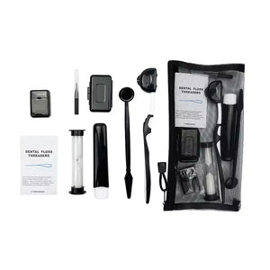 Kit d’entretien pour appareil dentaire noir : brosse orthodontique, brosse de voyage, miroir, brossette, sablier, fil, cire et enfile-fil, avec la trousse en filet noire