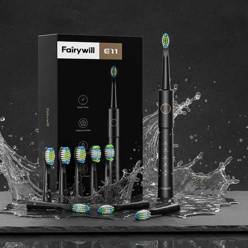 Brosse à dents électrique sonique ÉCLATANT E11 ÉclatDent : La brosse à dents électrique et son coffret sur une ardoise noire, fond sombre