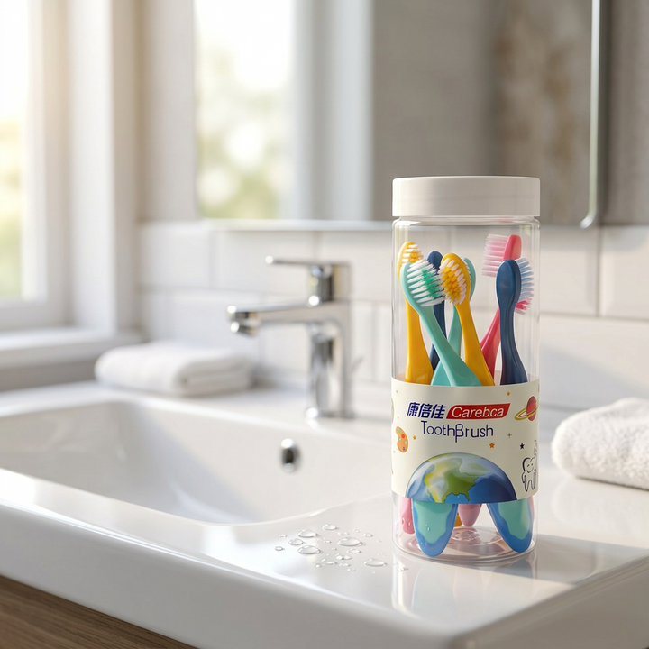 Soft kids’ toothbrushes — on the edge of a white washbasin, morning light