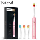 Coffret brosse à dents électrique sonique D7 rose ÉclatDent avec sa boîte et trois brossettes de rechange