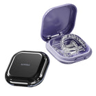 Closed black case and open purple case holding a pair of aligners (purple not sold here)