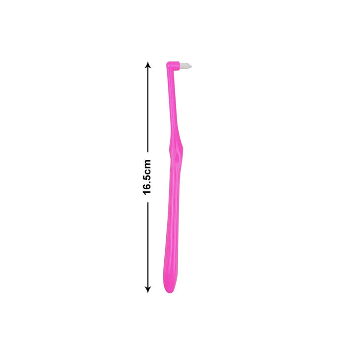 Pink end-tuft toothbrush, angled neck and single tuft, 16.5 cm long