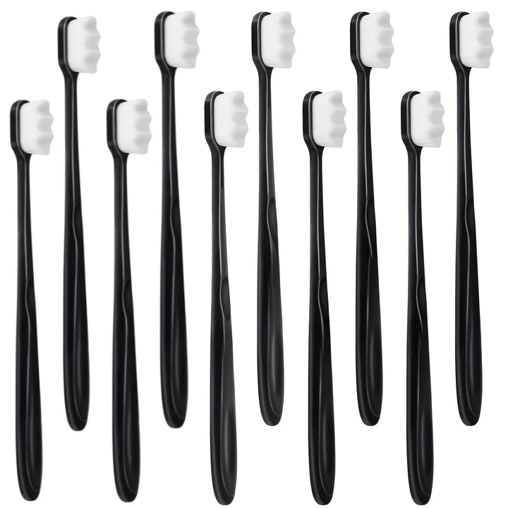 Dix brosses à dents à manche noir et poils blancs serrés, alignées