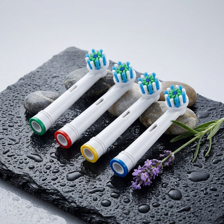 Testine compatibili Oral-B a setole incrociate — su ardesia nera bagnata con ciottoli e lavanda
