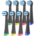 Huit têtes noires compatibles Oral-B iO, filaments bleus et blancs, bagues vert, jaune, rouge et bleu