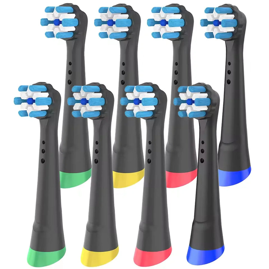 Huit têtes noires compatibles Oral-B iO, filaments bleus et blancs, bagues vert, jaune, rouge et bleu