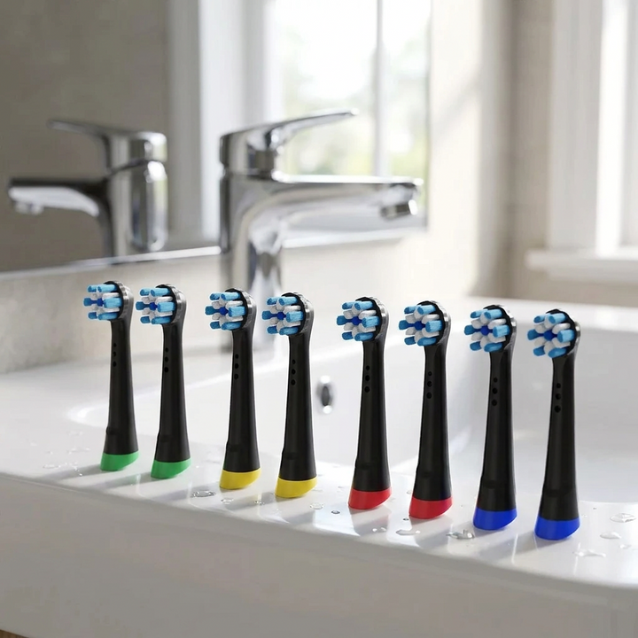 Oral-B iO compatible brush heads — on the edge of a white washbasin, morning light