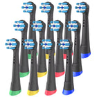 Douze têtes noires compatibles Oral-B iO alignées, bagues de couleur à la base