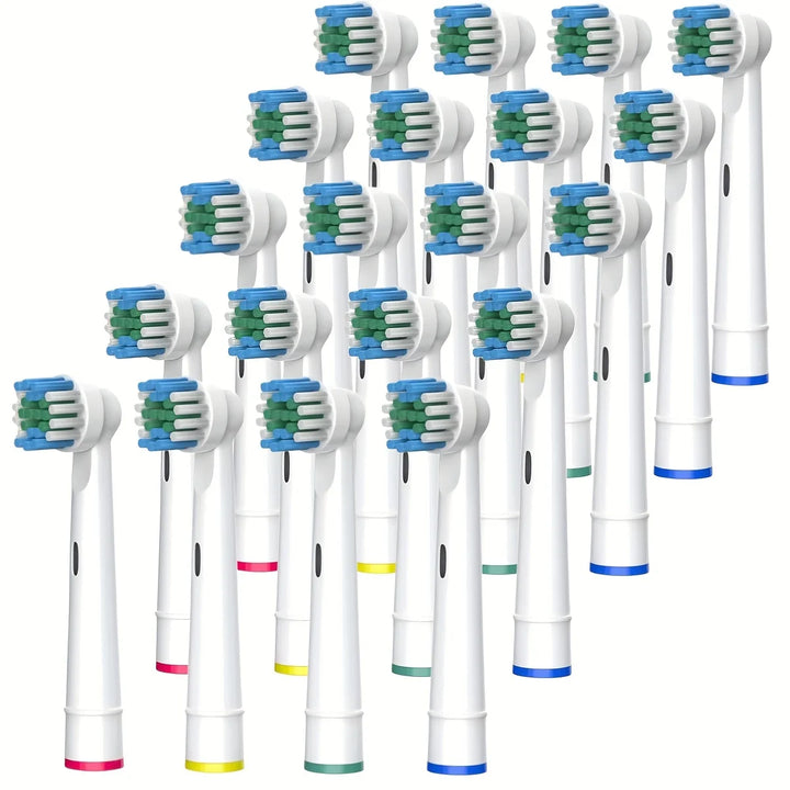 Twenty round Oral-B compatible brush heads, blue, green and white bristles, coloured base rings