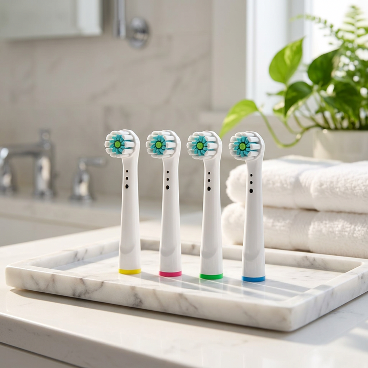 Testine compatibili Oral-B con ciuffo centrale — su un vassoio di marmo bianco in un bagno luminoso