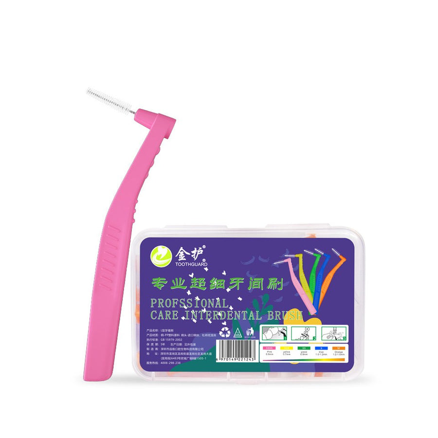 Brossettes interdentaires coudées 0,6 mm, manche rose, boîte de 20 brossettes