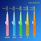 Tableau des tailles : rose 0,6 mm, bleu 0,7 mm, vert 0,8 mm, jaune 1 à 1,2 mm, orange 1,2 à 1,5 mm