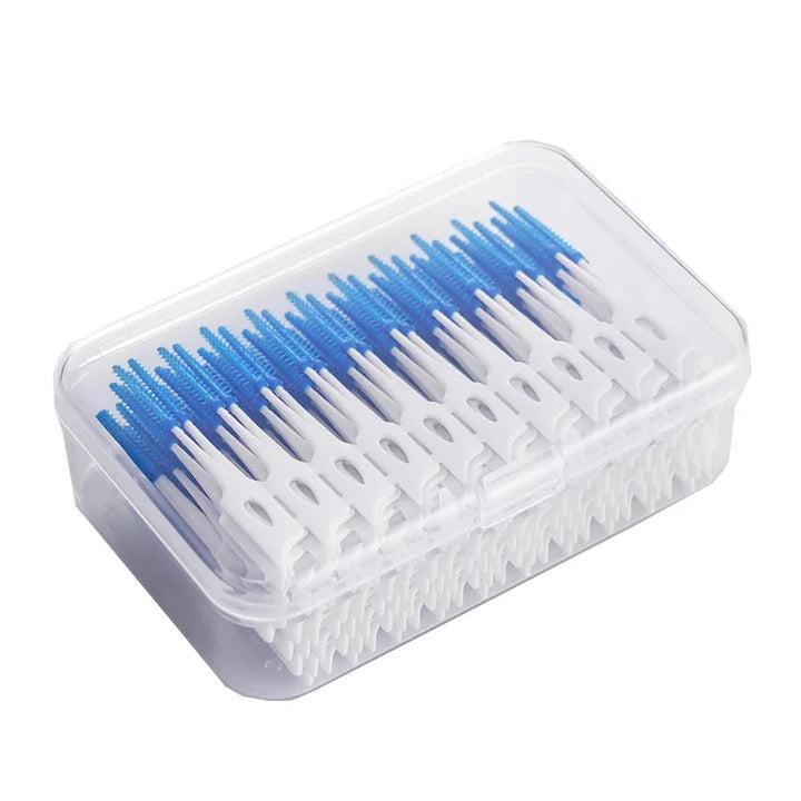 Clear resealable box filled with blue-bristled interdental picks