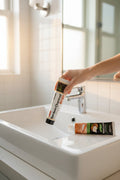 Duo Blancheur Express ÉclatDent : posé au bord d'un lavabo de salle de bain
