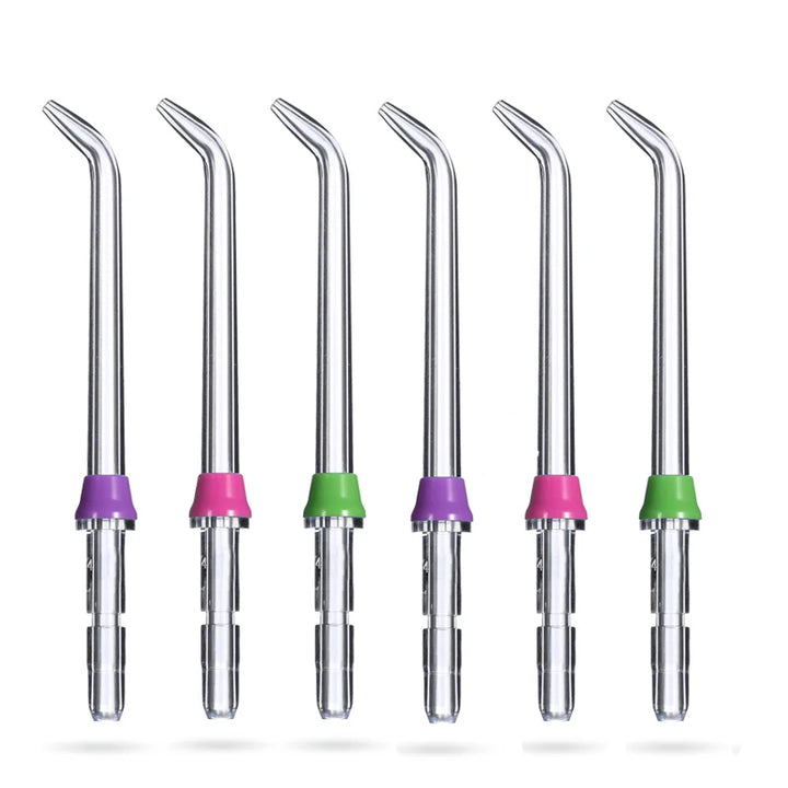 Six embouts de jet classiques à canule coudée, bagues violettes, roses et vertes