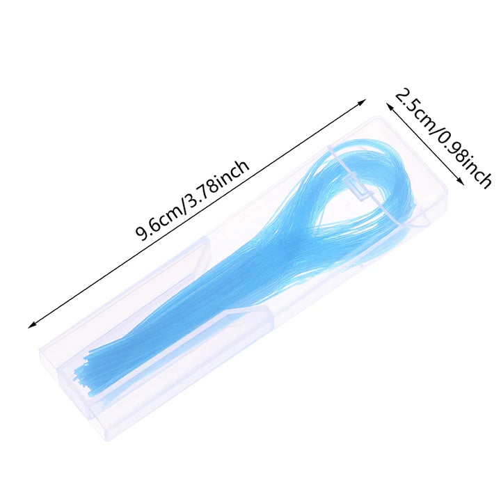 Clear box of 100 blue floss threaders, 9.6 × 2.5 cm