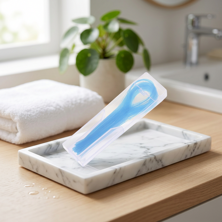 Floss threaders — on a white marble tray in a bright bathroom