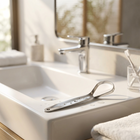 Gratte-langue en inox — au bord d'un lavabo blanc, lumière du matin
