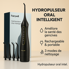 Infographie de l'hydropulseur oral ÉclatDent : gencives saines, rechargeable et portable, 3 modes de nettoyage