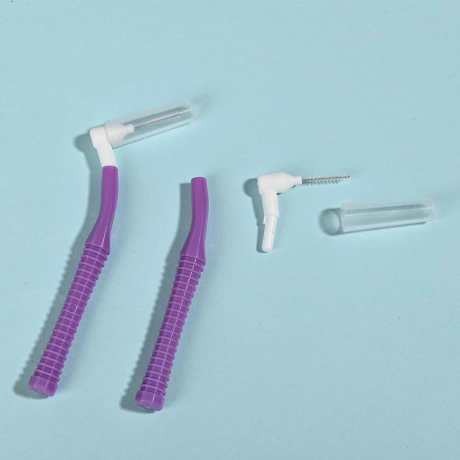 Manche violet coudé avec sa tête de brossette emboîtée, un second manche, une tête et un capuchon à côté