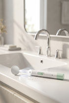 Specchietto dentale LED — sul bordo di un lavabo bianco, luce del mattino
