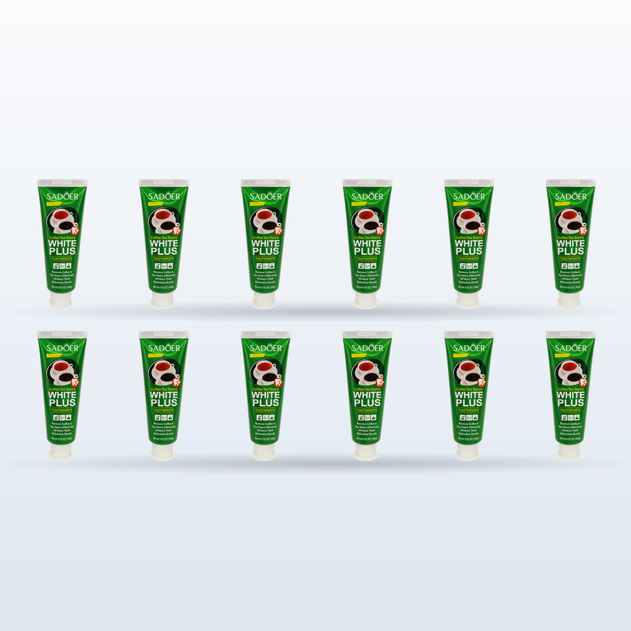 12-Month Coffee Pack by ÉclatDent: twelve SADOER Anti-Stain Coffee toothpaste tubes in two rows of six