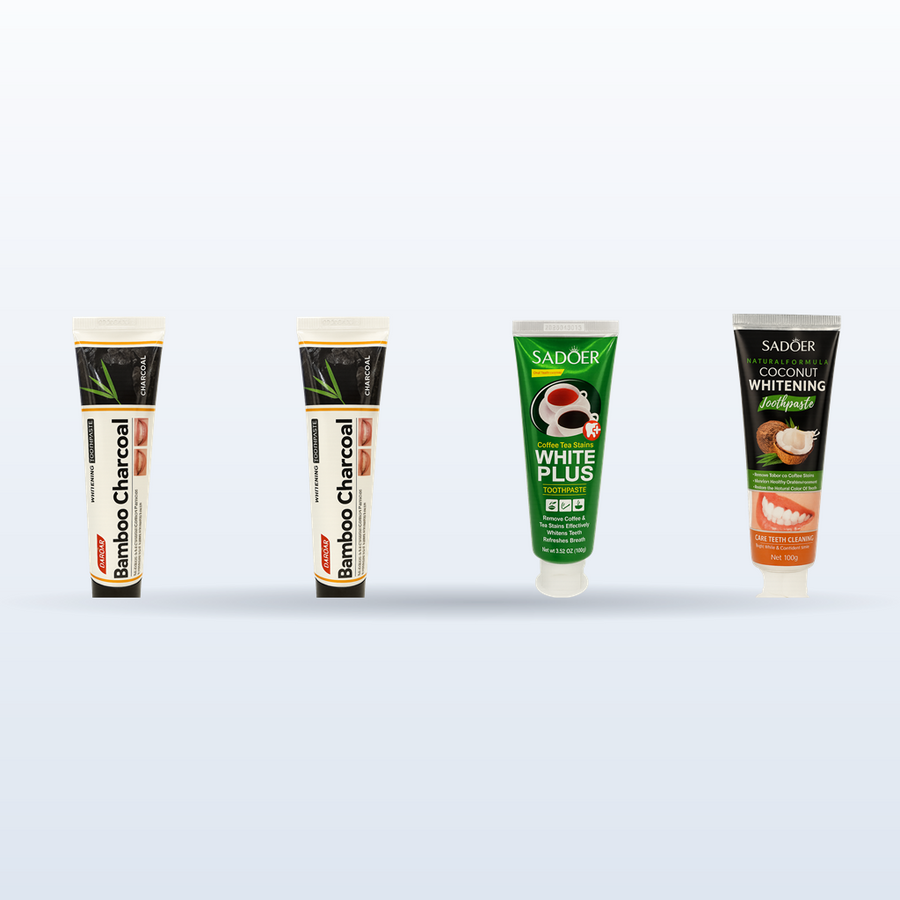 Pack Blancheur Intensive ÉclatDent : les 4 dentifrices SADOER du pack alignés sur fond studio clair