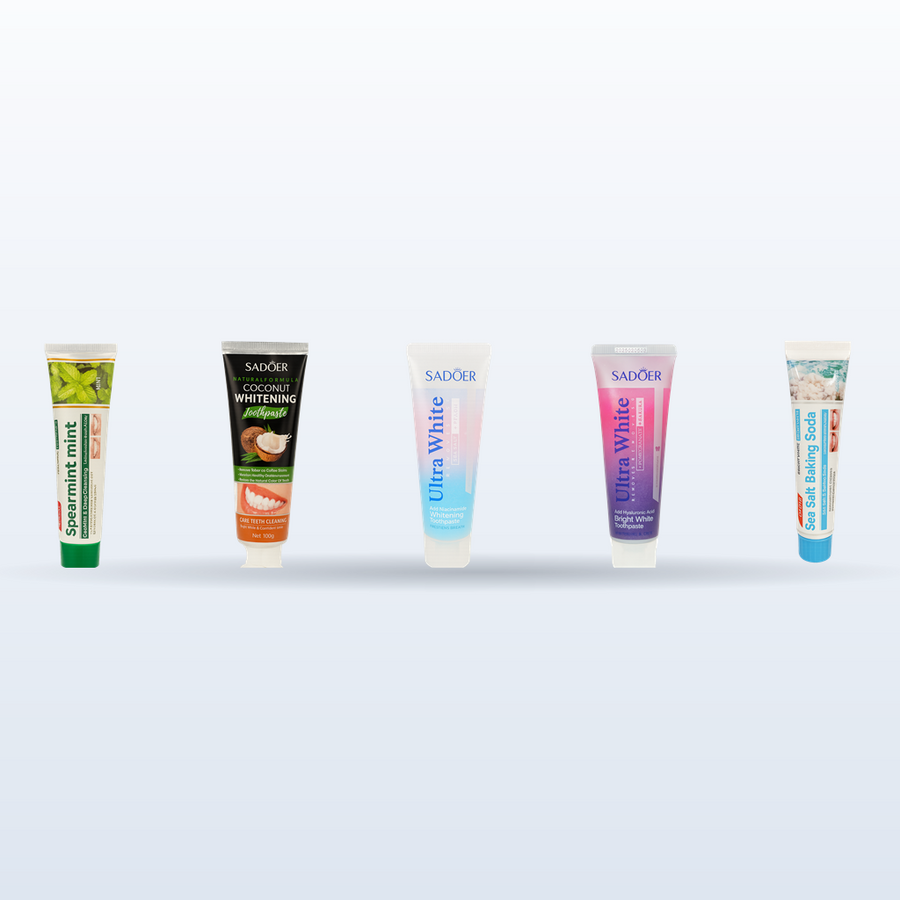 Pack Découverte 5 Goûts ÉclatDent : les 5 dentifrices SADOER du pack alignés sur fond studio clair