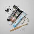 Pack Detox Naturel ÉclatDent vu de dessus avec charbon, noix de coco et cristaux de sel