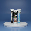 Pack Detox Naturel ÉclatDent sur un socle rond, fond studio bleu dégradé