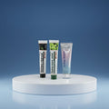 Pack Énergie & Vitalité ÉclatDent sur un socle rond, fond studio bleu dégradé