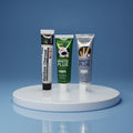 Pack Expert Anti-Taches ÉclatDent sur un socle rond, fond studio bleu dégradé