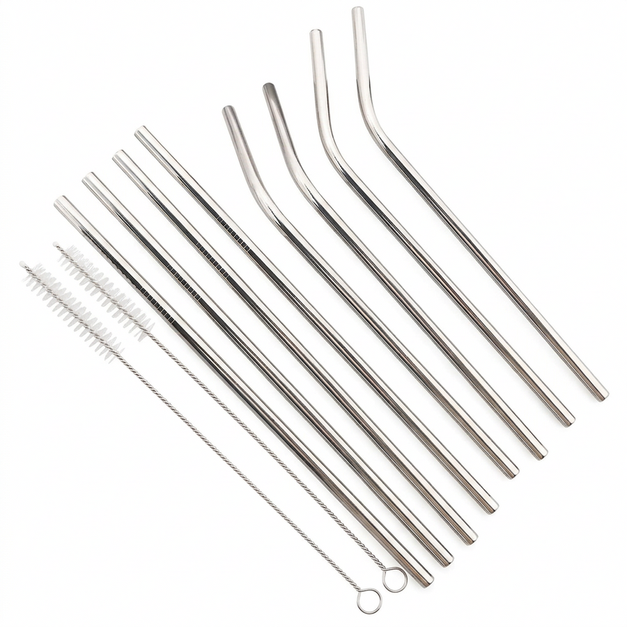 Reusable stainless steel straws — on a white background