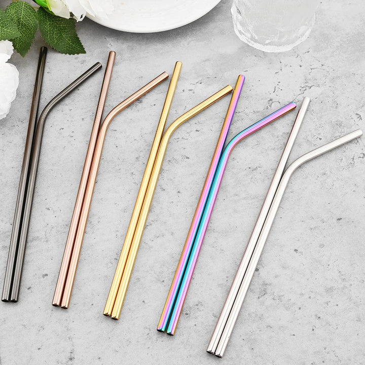 Straight and bent straws in five finishes: black, rose, gold, rainbow and silver